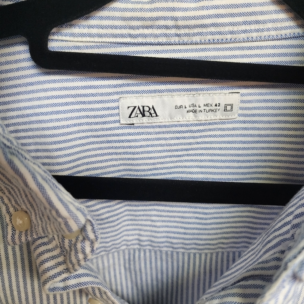 ZARA Men’s Blue & White Striped Button-Down Shirt – Size L - Picture 3 of 3